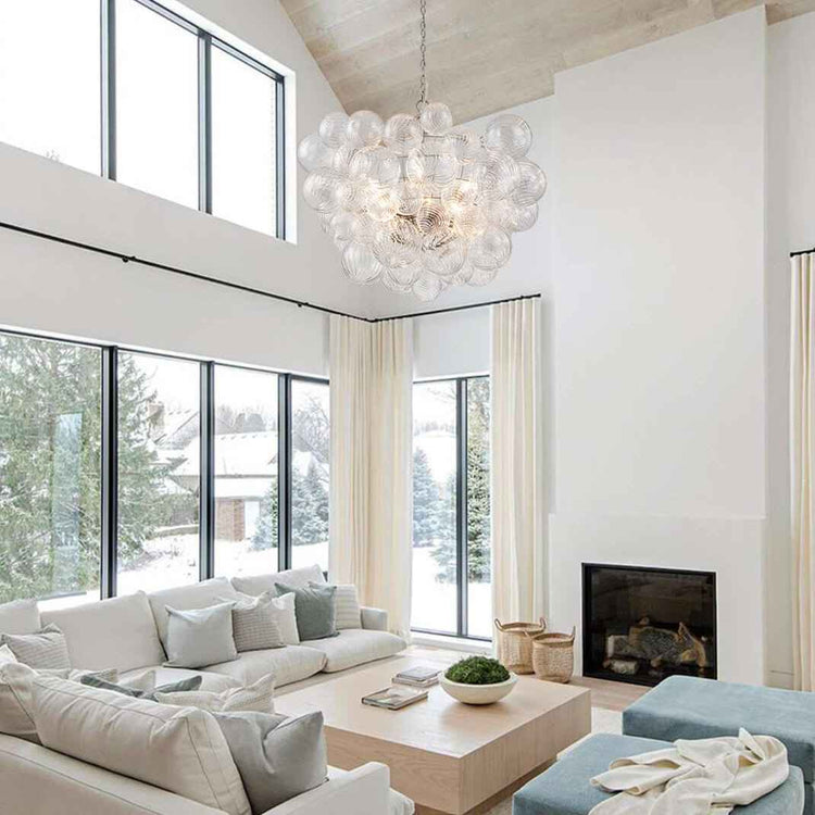Lustre suspendu en grappe de globes en verre transparent, monture métallisée