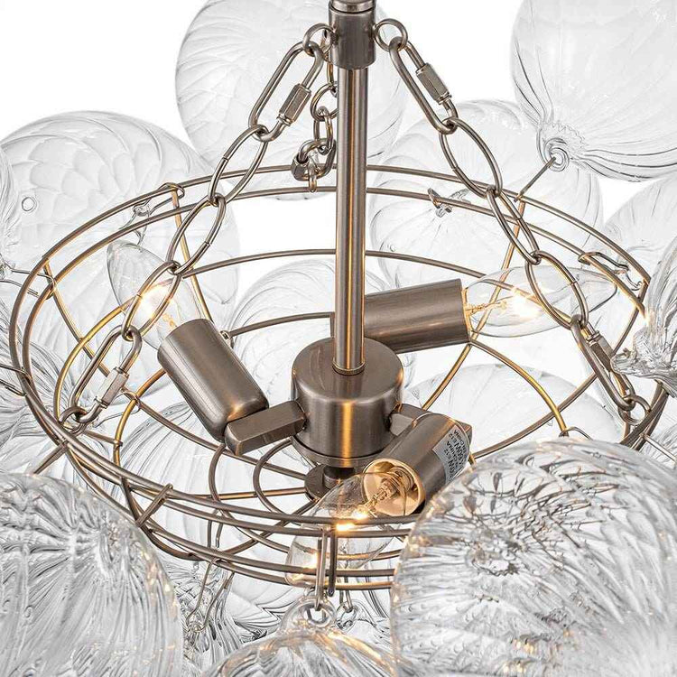 Suspension grappe de boules en verre, monture nickel avec chaînes et tige centrale