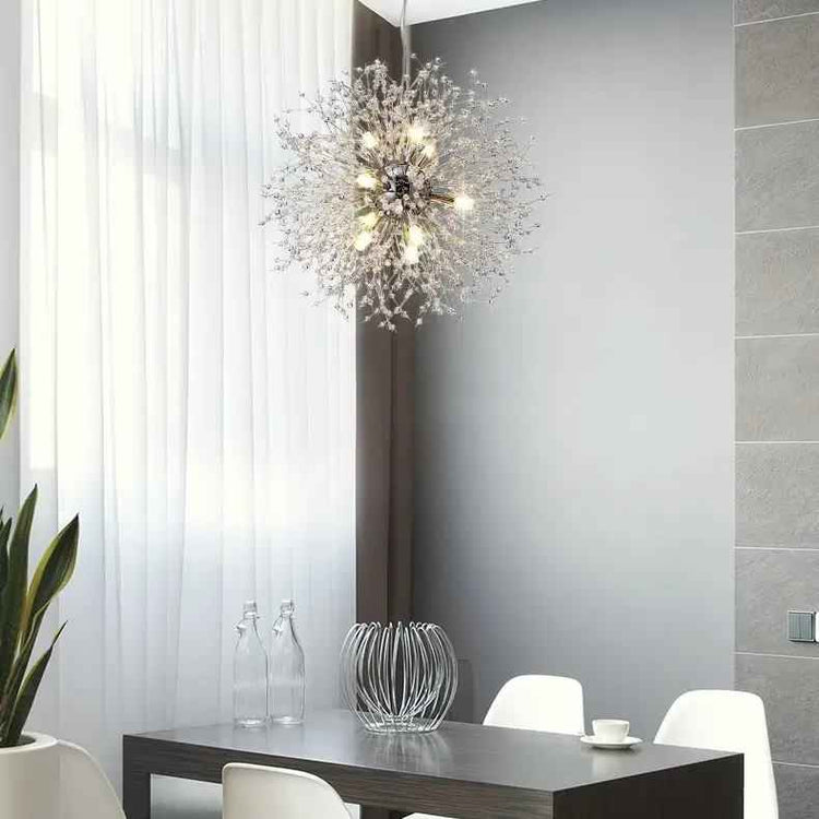 Lustre Sputnik en fils métalliques et ampoules, fixation de plafond centrale.