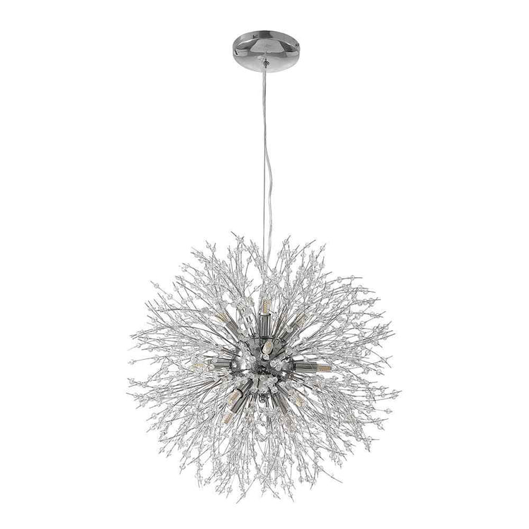 Suspension Sputnik chromée en forme de boule étoilée, fils métalliques et ampoules.