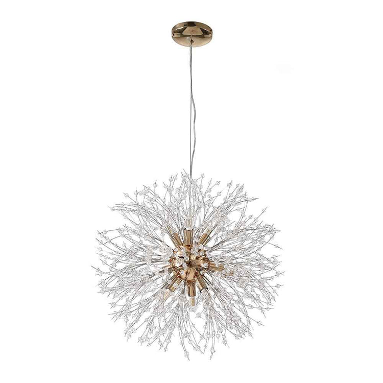 Suspension lustre Sputnik argentée, câblage fin et cercle de fils en forme d’étoile.