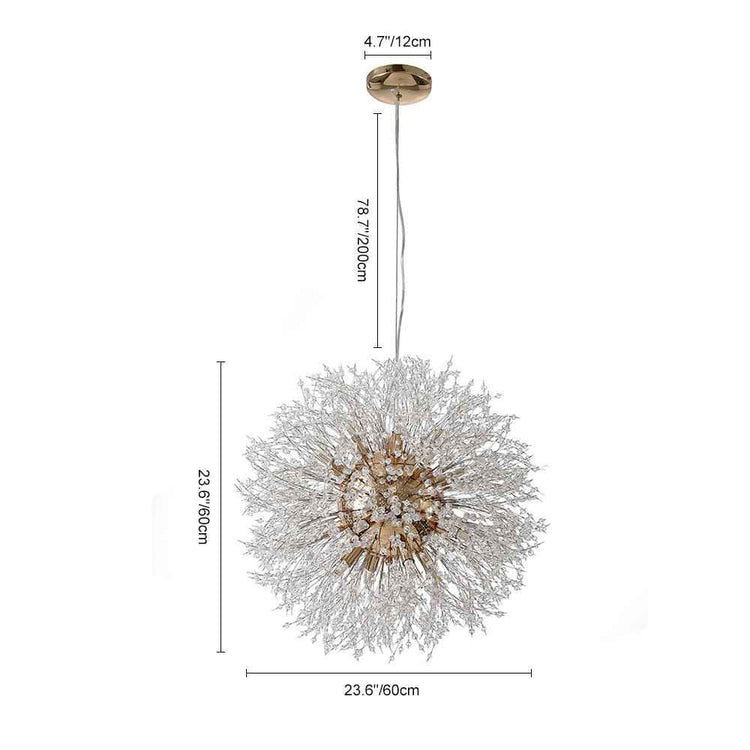 Suspension sputnik en cristal chromé, diamètre 23,6 cm, rosace dorée.