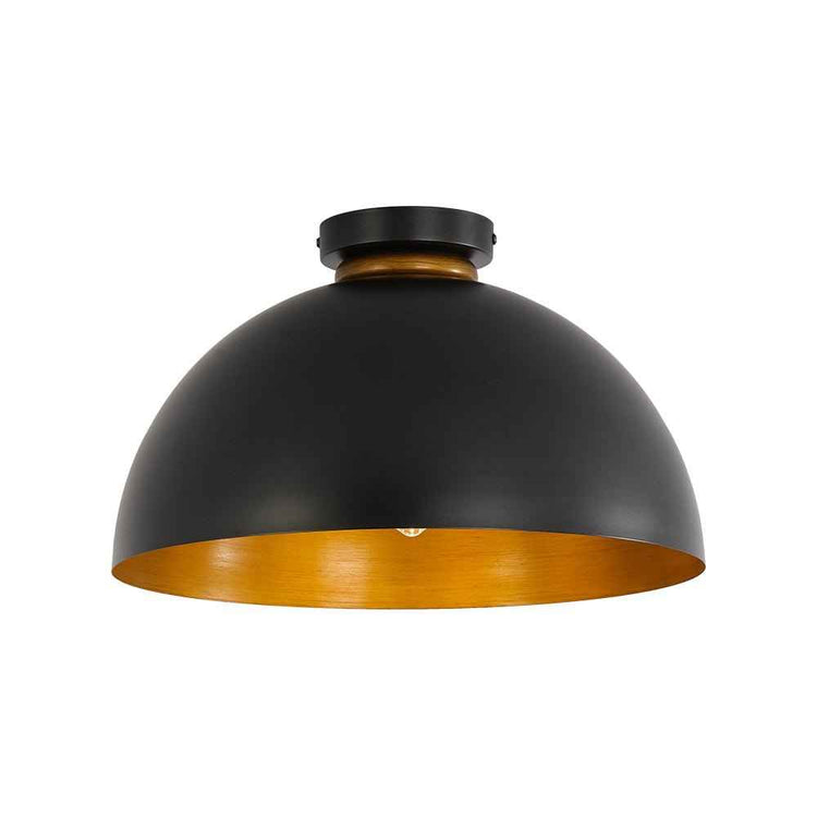 Plafonnier dôme noir avec bord intérieur doré, 1 lumière, abat-jour arrondi.