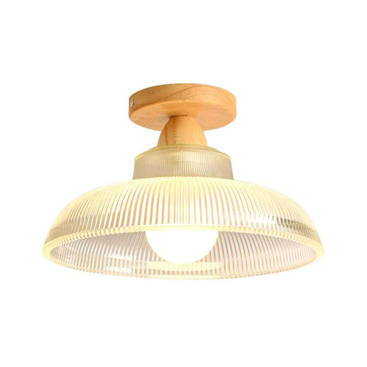 Plafonnier au plafond, dôme en verre transparent côtelé et base en bois clair
