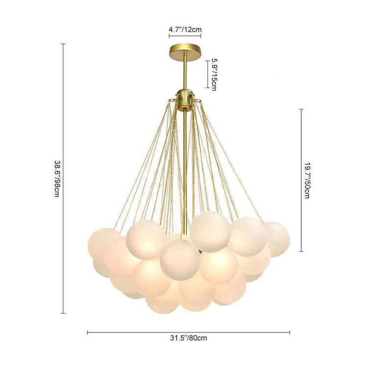 Schéma du lustre suspendu à boules en verre blanc, monture dorée, dimensions.