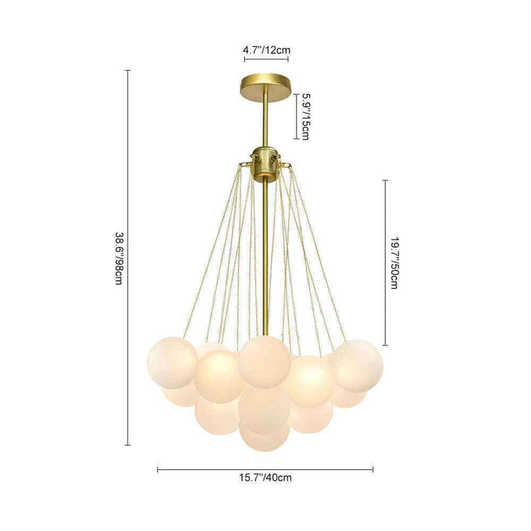 Schéma du lustre suspendu à boules en verre blanc, monture dorée, dimensions.