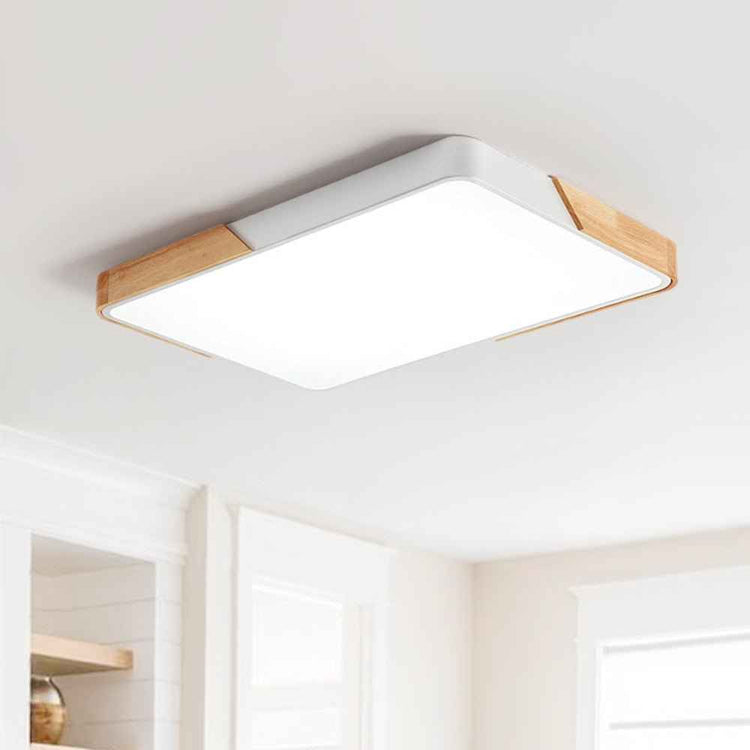Plafonnier LED rectangulaire à cadre blanc et lattes en bois