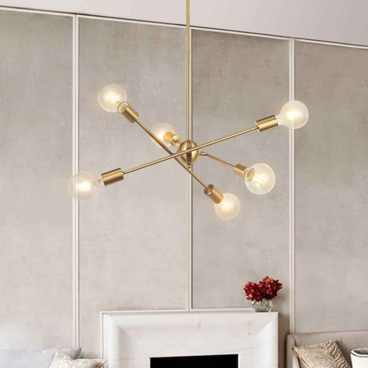 Lustre sputnik doré à six bras, ampoules en verre dépoli