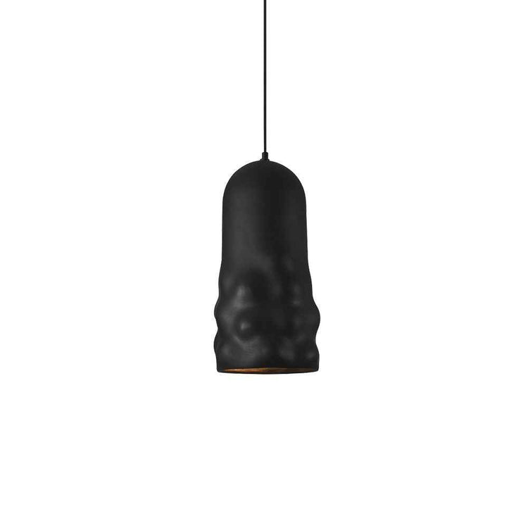 Suspension en céramique noire, forme cloche texturée, bord doré.