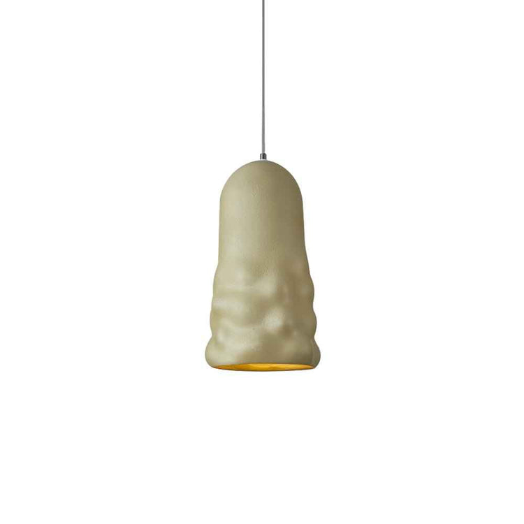 Suspension en céramique beige, forme cloche texturée, bord doré.