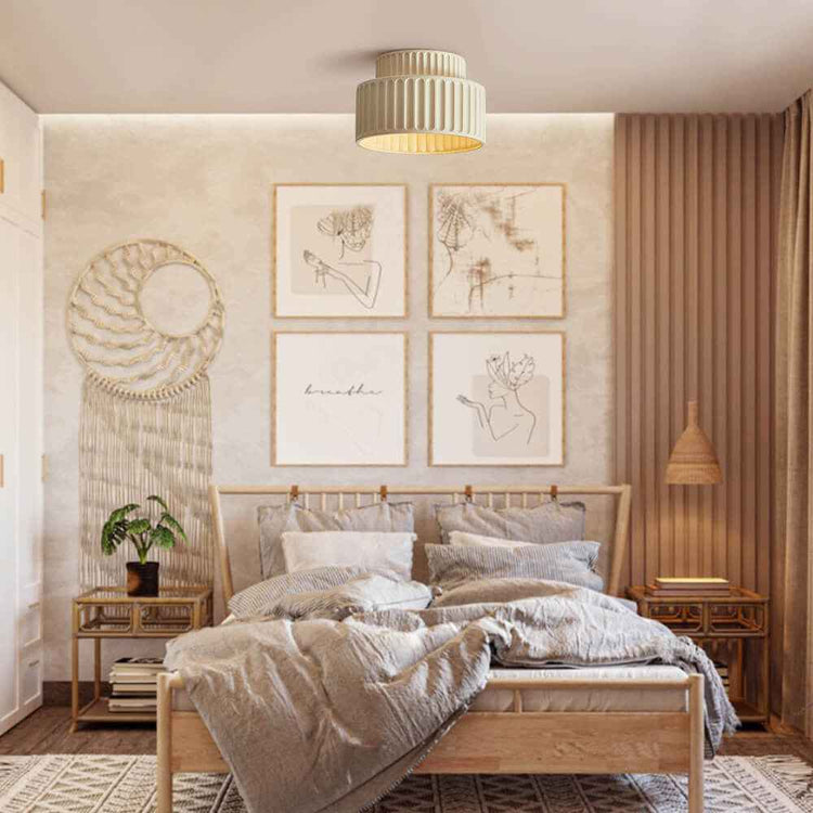 Plafonnier en céramique beige à abat-jours striés en double couche
