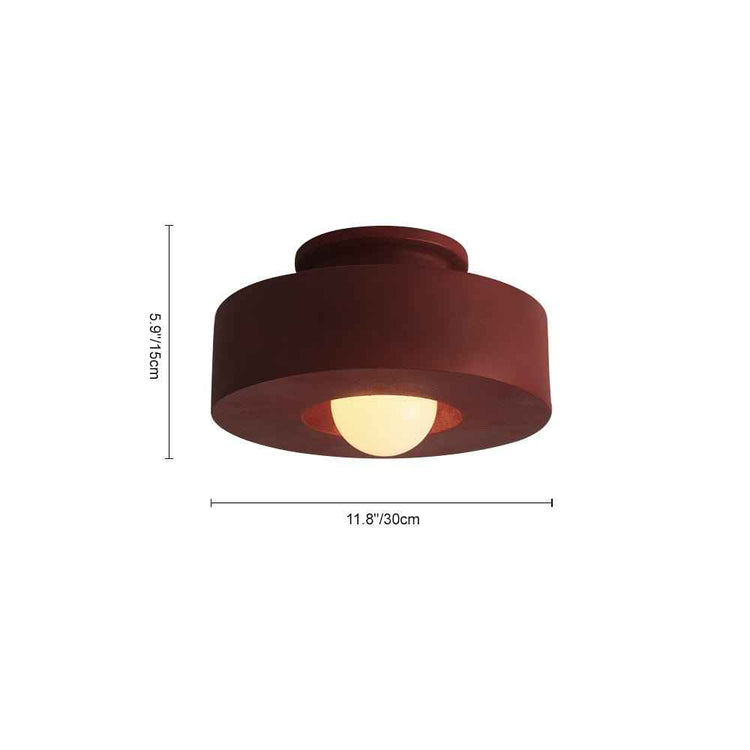Plafonnier cylindrique en céramique rouge foncé, vue avec dimensions