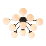 Lustre sputnik semi-encastré en verre opale, structure noire avec diffuseurs ronds