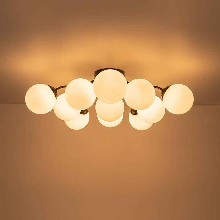 Lustre sputnik semi-encastré à boules en verre opale, monture noire, 6 lampes