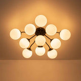 Lustre sputnik semi-encastré à boules en verre opale, monture noire, 11 lampes