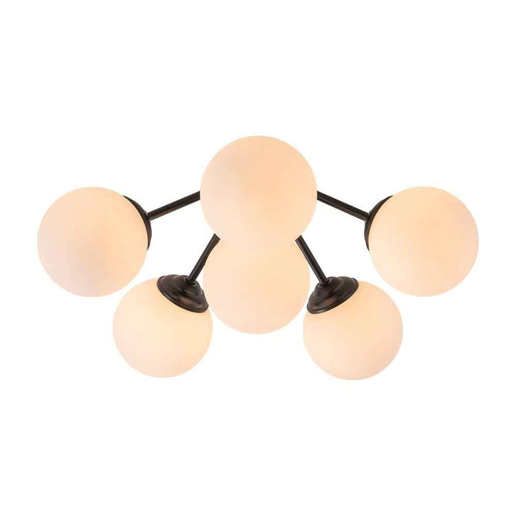 Lustre semi-encastré noir à boules en verre opale, bras rayonnants