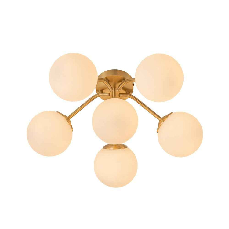 Lustre semi-encastré doré à boules en verre opale, bras rayonnants