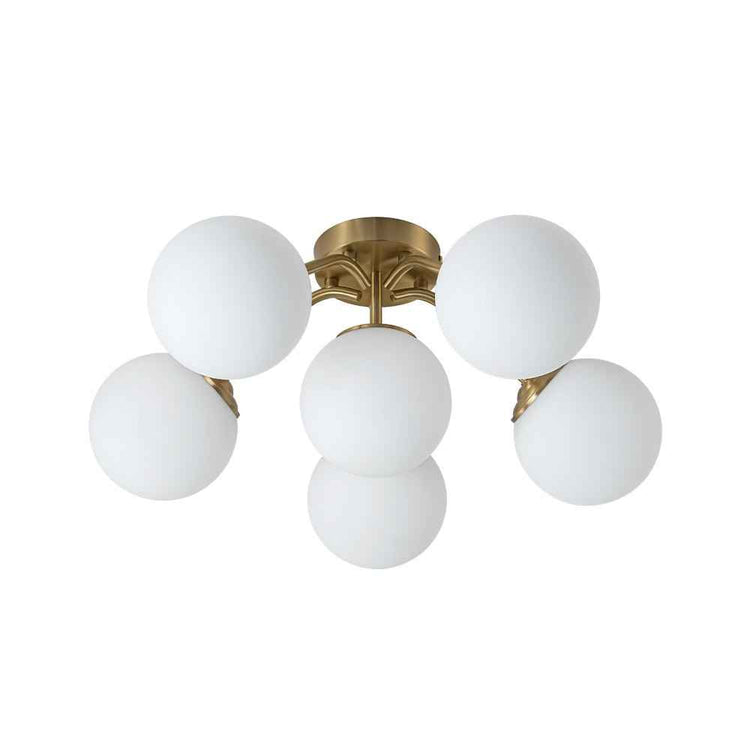 Lustre Sputnik semi-encastré à 6 boules en verre opale, monture laiton