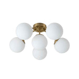 Lustre Sputnik semi-encastré à 6 boules en verre opale, monture laiton