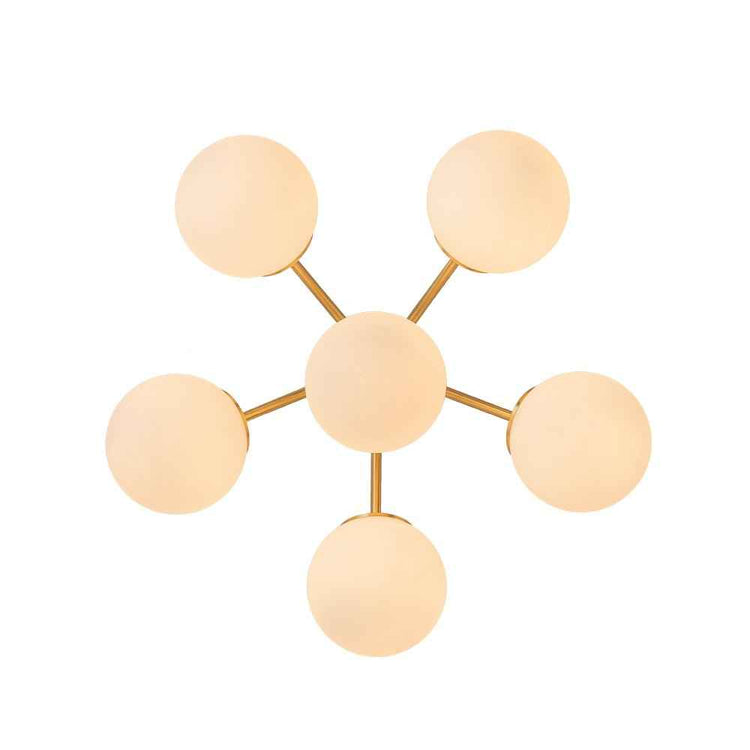 Lustre Sputnik semi-encastré à 6 boules en verre opale, structure laiton