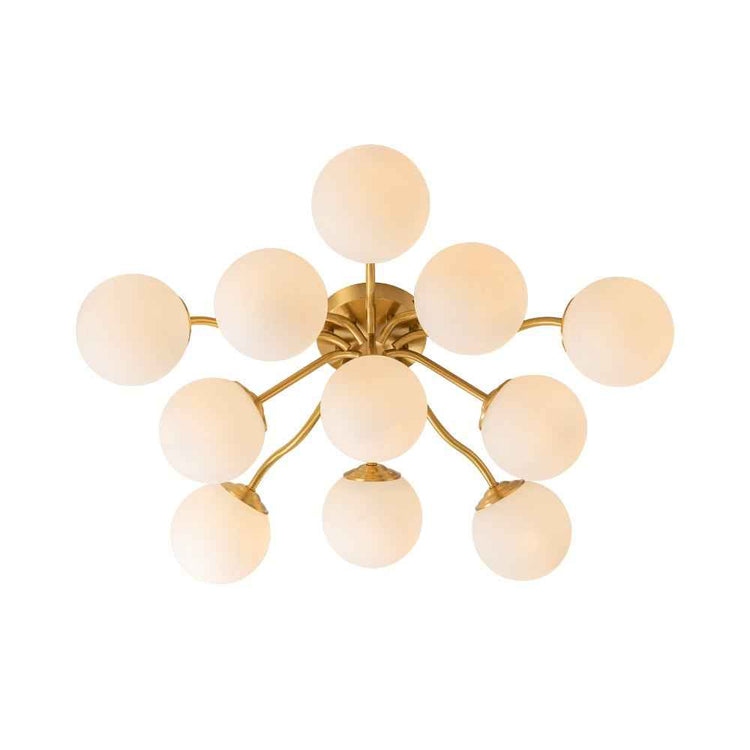 Lustre semi-encastré doré à nombreuses boules en verre opale, bras en étoile