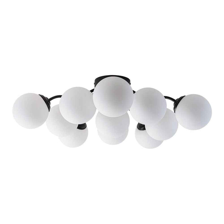 Lustre sputnik semi-encastré en verre opale, structure noire et globes ronds blancs