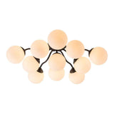Lustre sputnik semi-encastré en verre opale, structure noire, globes ronds ambrés