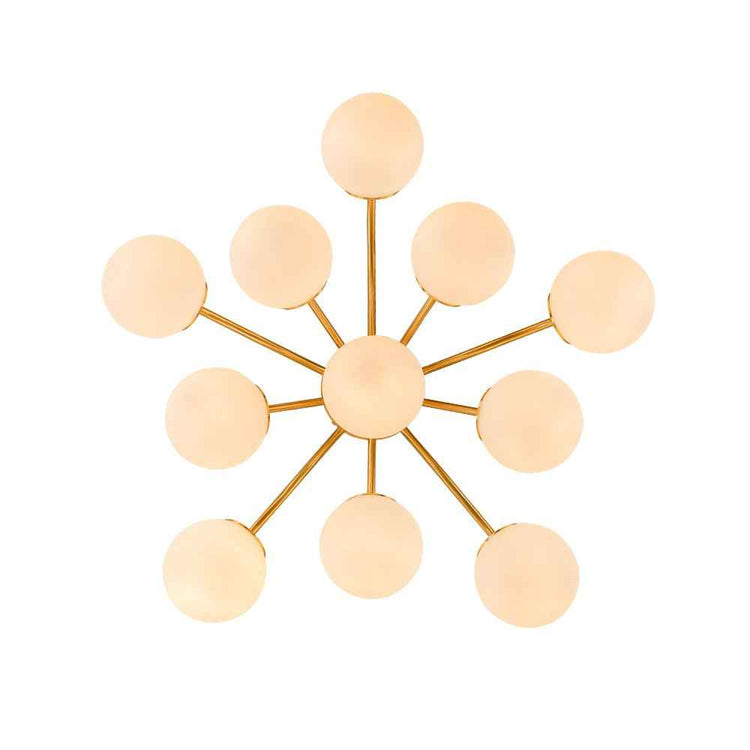 Lustre sputnik semi-encastré en verre opale, structure laiton avec tiges et globes ronds