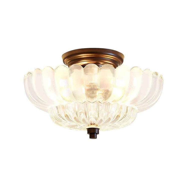 Plafonnier semi-encastré à verre festonné, laiton, coupelles transparentes, plafond
