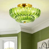 Plafonnier semi-encastré à verre festonné, laiton, verre vert en coupelles translucides