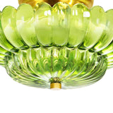 Plafonnier semi-encastré : verre vert festonné translucide, détails de la coupelle