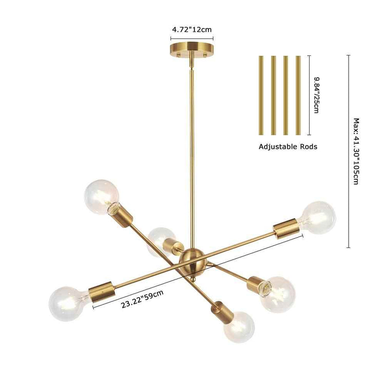 Lustre sputnik doré à six bras, tiges réglables et dimensions