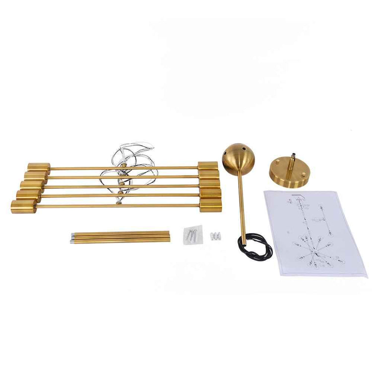 Kit du lustre sputnik doré : tiges, support, câbles et accessoires