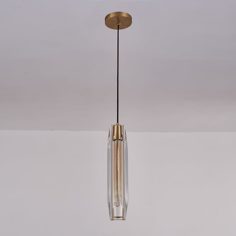 Suspension en cristal cylindrique, câble noir et rosace ronde laiton.