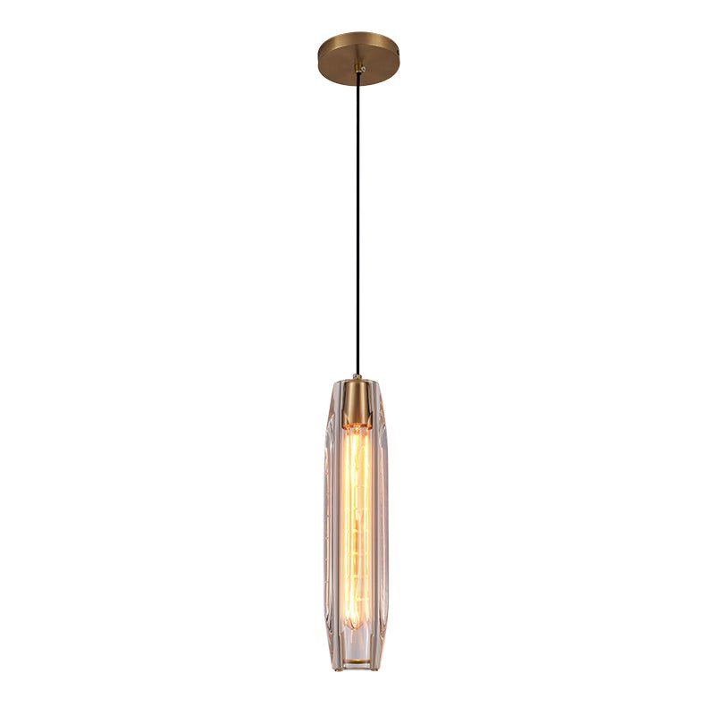 Suspension en cristal cylindrique avec abat-jour transparent et monture laiton.