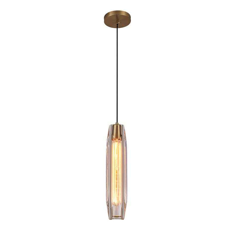 Suspension en cristal cylindrique avec abat-jour transparent et monture laiton.