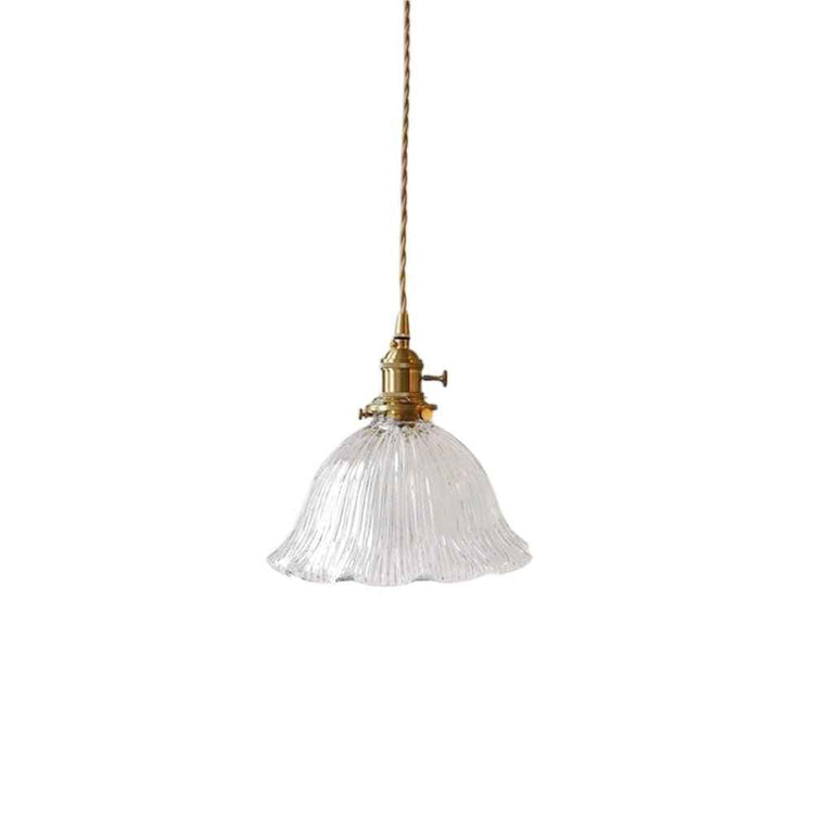 Suspension à abat-jour en verre nervuré transparent avec cordon tressé doré