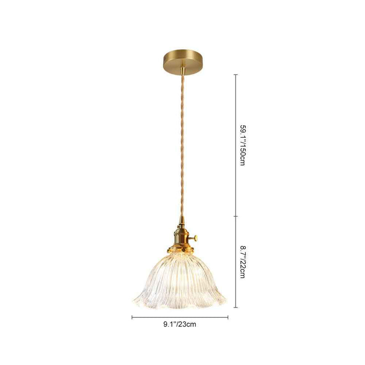 Suspension avec abat-jour en verre transparent côtelé et cordon