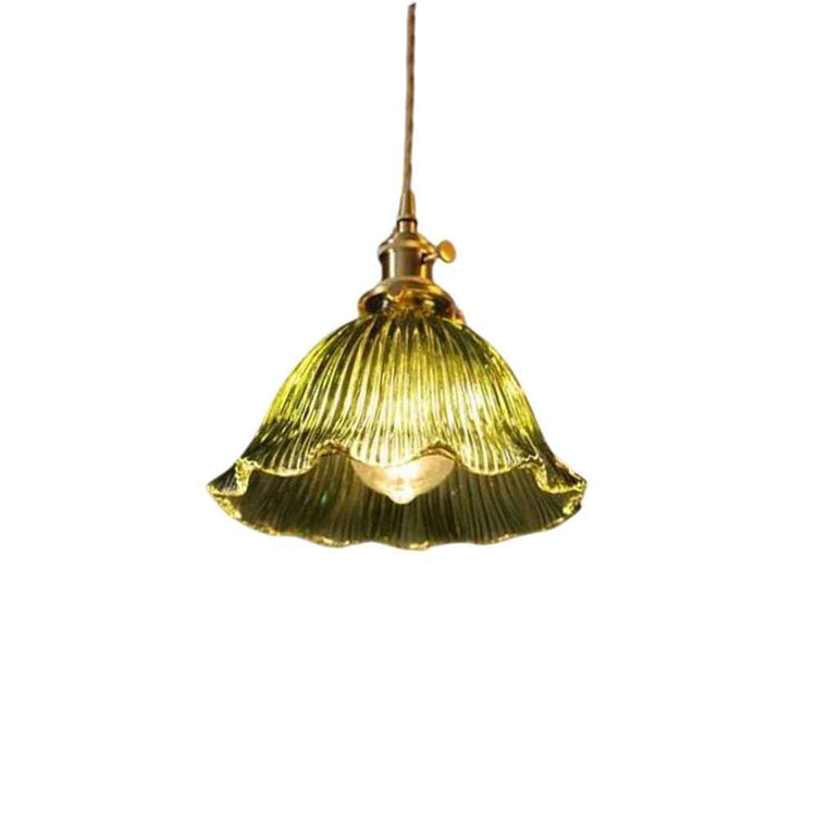Abat-jour de suspension en verre vert côtelé avec lumière au centre