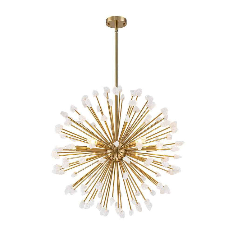 Lustre soleil Sputnik en laiton doré, tiges rayonnantes et pierres blanches pissenlit.