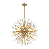 Lustre soleil Sputnik en laiton doré, tiges rayonnantes et pierres blanches pissenlit.