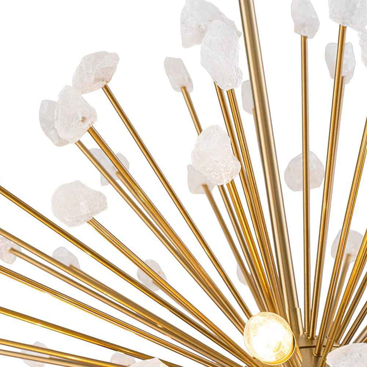 Gros plan : tiges en laiton doré et pierres blanches brutes, avec ampoule au centre.