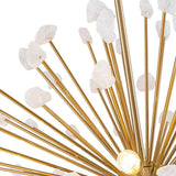Gros plan : tiges en laiton doré et pierres blanches brutes, avec ampoule au centre.