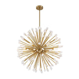 Lustre soleil Sputnik en laiton doré, structure rayonnante et pierres blanches en pissenlit.