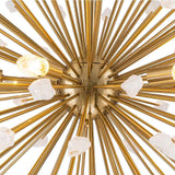 Intérieur du lustre soleil Sputnik : tiges en laiton doré, ampoules et pierres blanches.