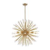 Lustre Sputnik en laiton doré avec tiges rayonnantes et pierres blanches en forme de pissenlit.