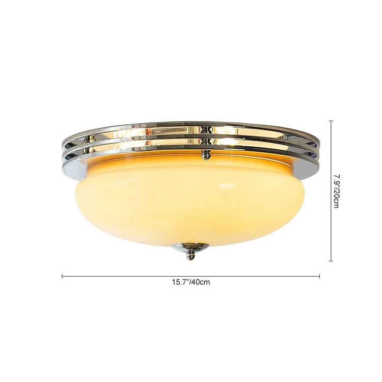 Plafonnier LED rond en verre beige et cadre chromé