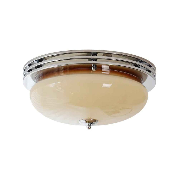 Plafonnier LED rond en verre beige, vue de côté, bord chromé