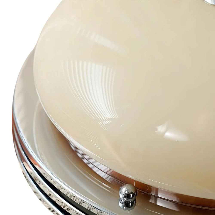 Plafonnier LED rond : abat-jour en verre beige et bouton chromé