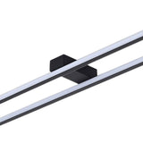 Plafonnier LED noir : détail du support central et des deux barres lumineuses parallèles.